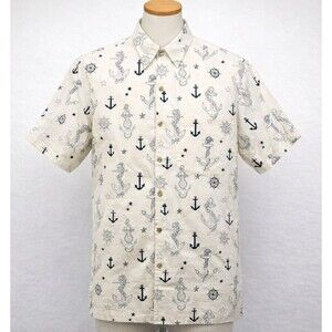 Sayulita Shirt Co Men Small White Blue Short Sleeve Sailing Nautical Anchor AOP